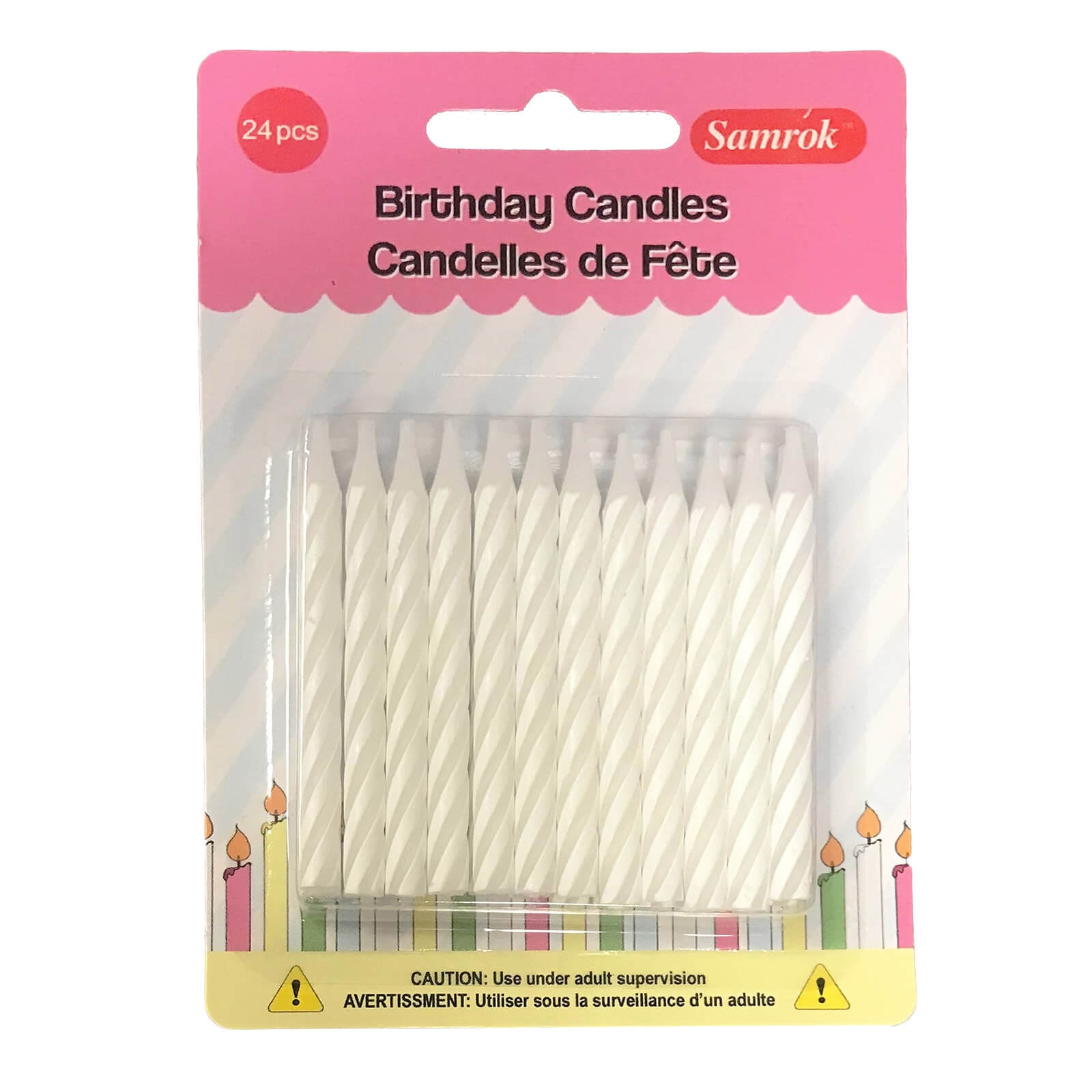 WHITE STRIPED CANDLES  2.5" - 24 PC