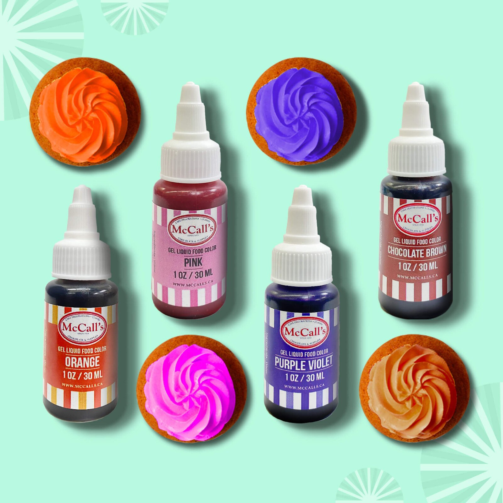 FOOD COLOR LIQUID GEL STARTER KIT - ORANGE, PINK, PURPLE VIOLET, CHOCOLATE BROWN 1 OZ