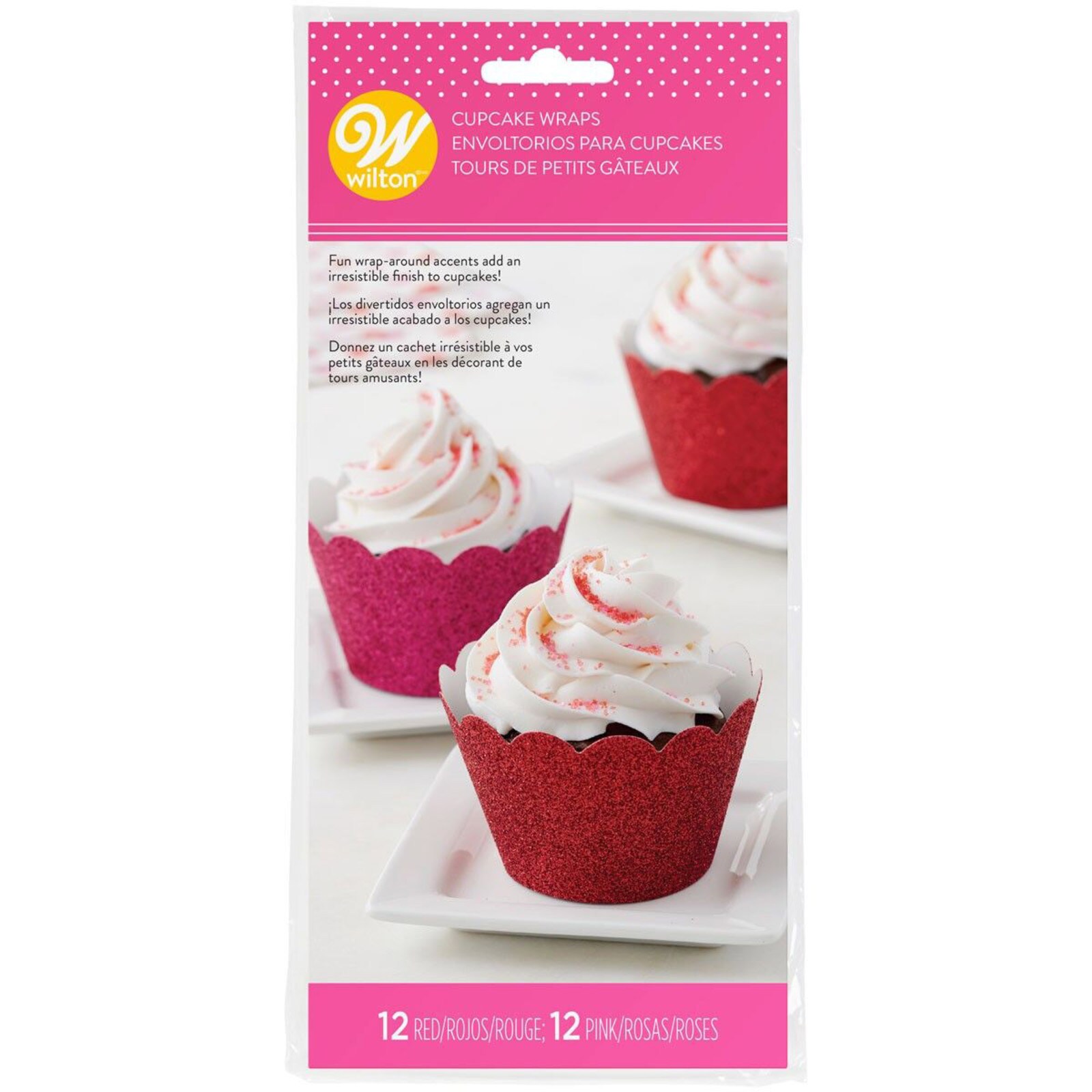 WILTON GLITTER RED & PINK CUPCAKE WRAPS - 24 PCS