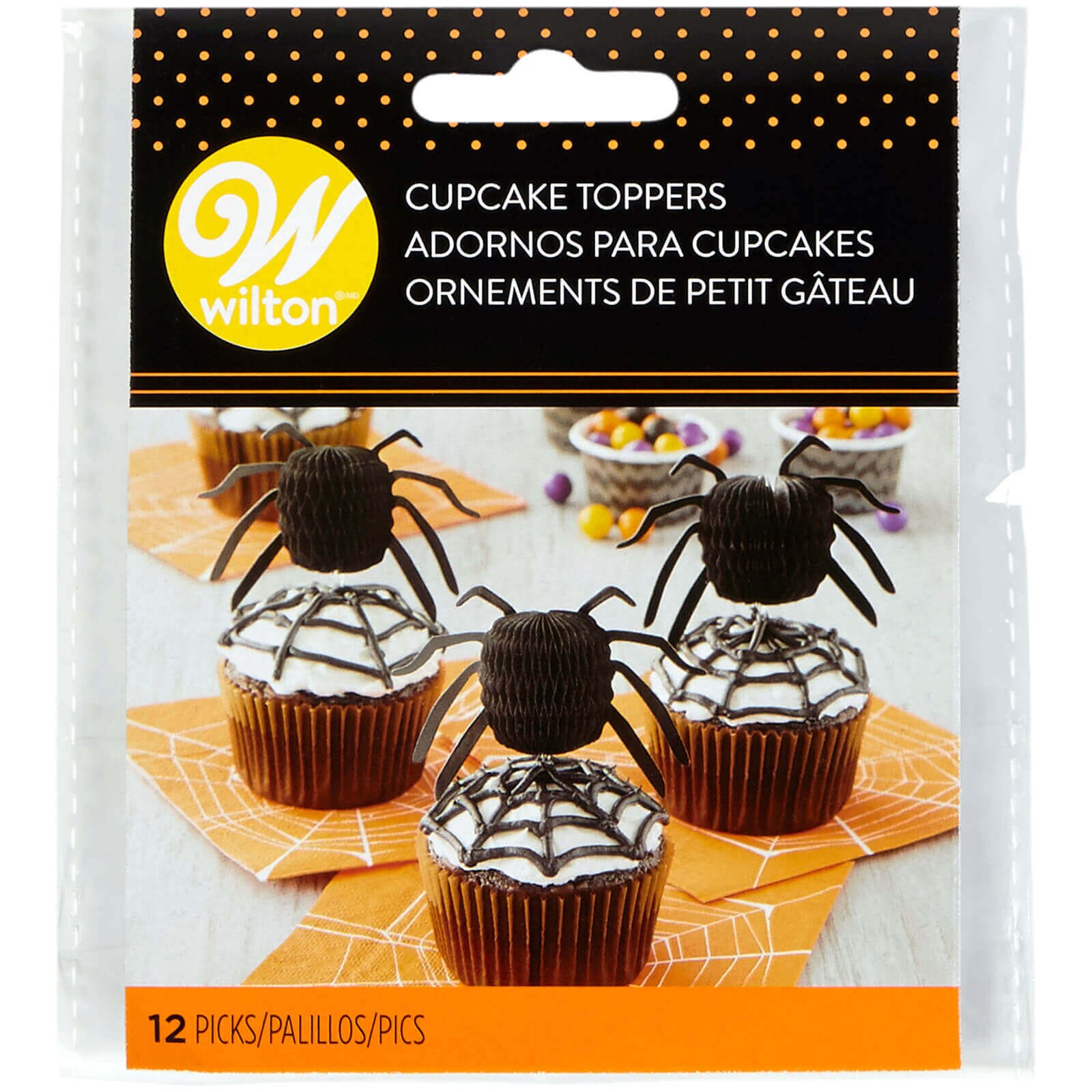 WILTON SPIDER HONEYCOMB CUPCAKE TOPPERS 3" - 12 PC