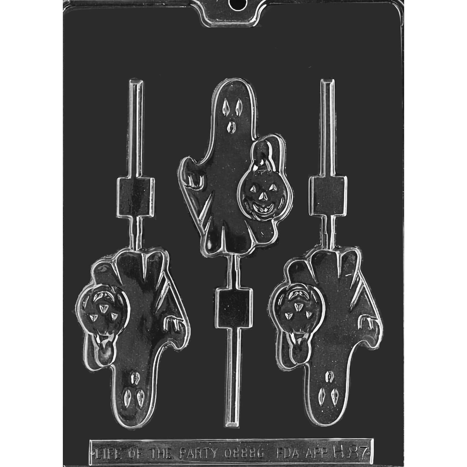MOLD - GHOST HOLDING PUMPKIN LOLLY 3 1/2" (3)