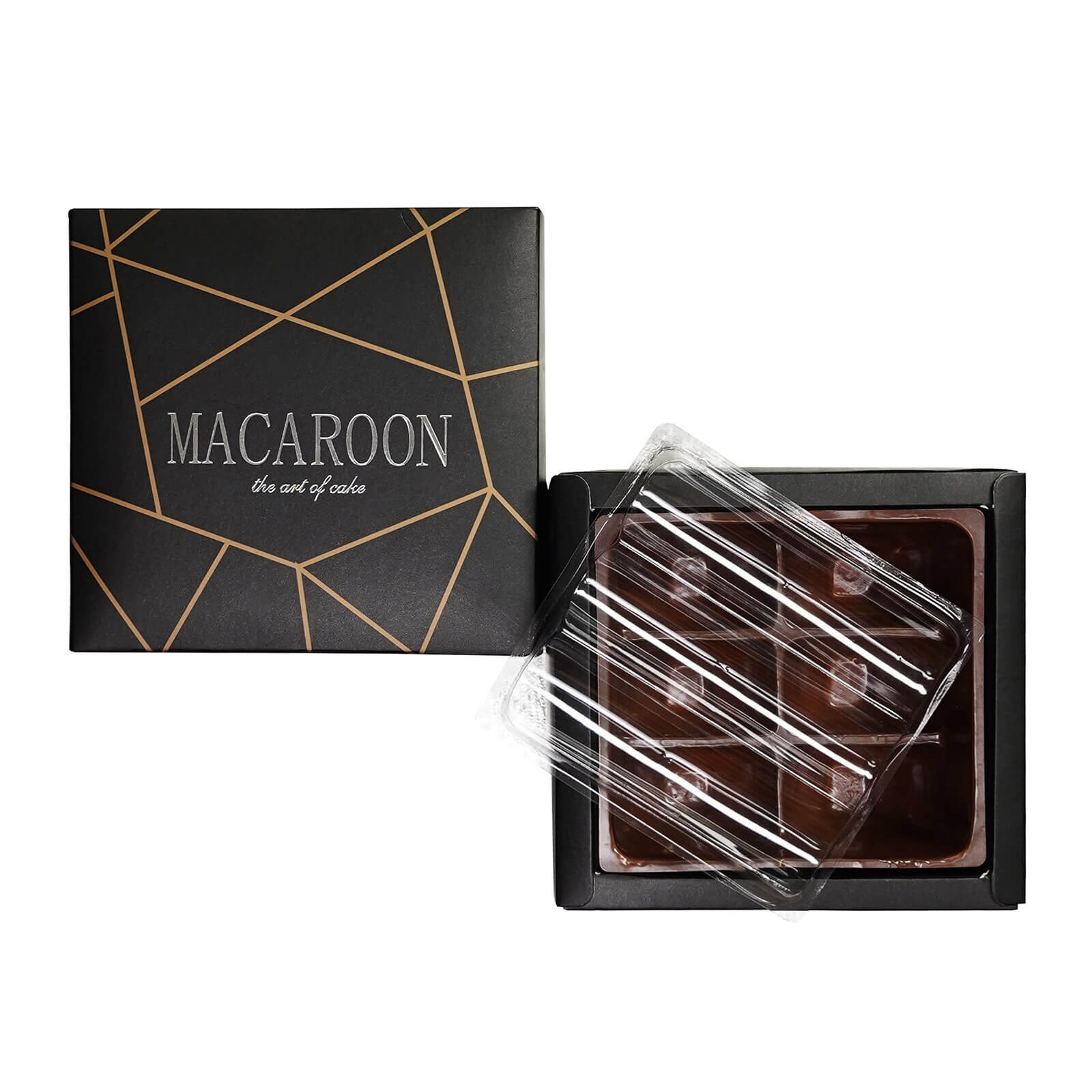 BLACK MACARON BOX W/INSERT & CLEAR LID 5" X 4.75" - 6 CAVITIES
