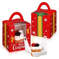 CHRISTMAS CUPCAKE BOX WITH WINDOW & HANDLE 1-HOLE RED 50 PCS