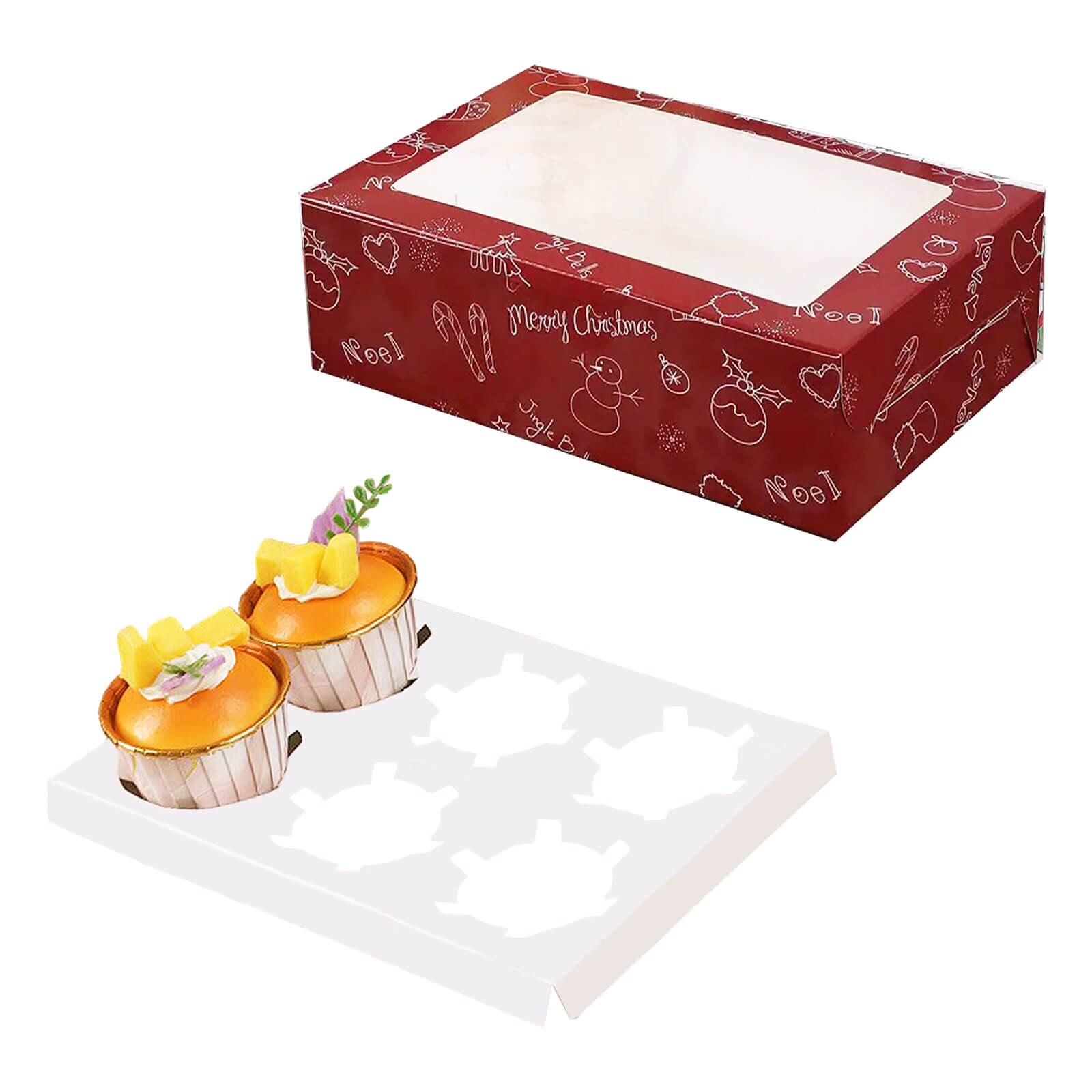 CHRISTMAS CUPCAKE BOX WITH WINDOW RED 6-HOLES 50 PCS