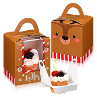 CHRISTMAS CUPCAKE BOX WITH WINDOW & HANDLE 1-HOLE BROWN 50 PCS