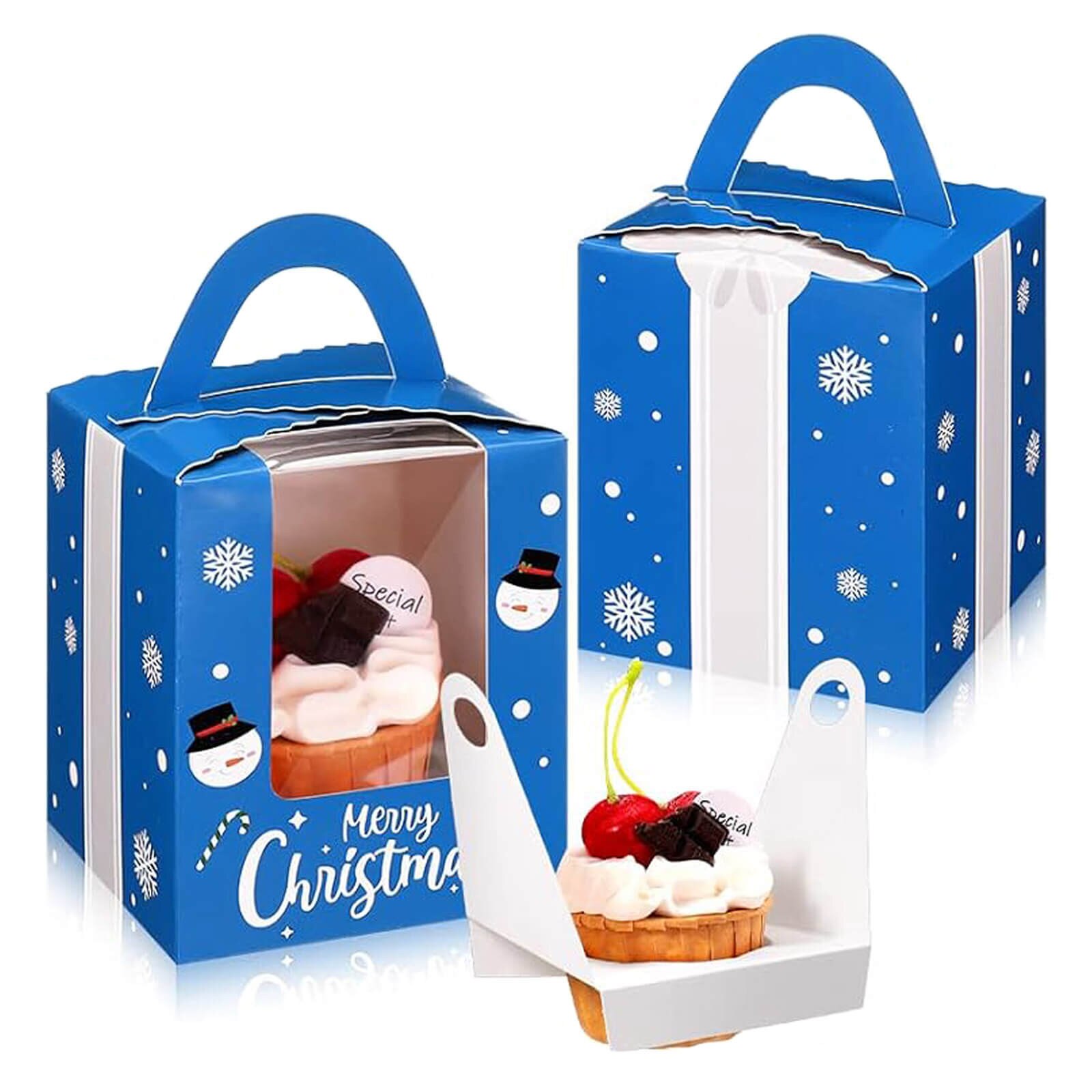 CHRISTMAS CUPCAKE BOX WITH WINDOW & HANDLE 1-HOLE BLUE 50 PCS